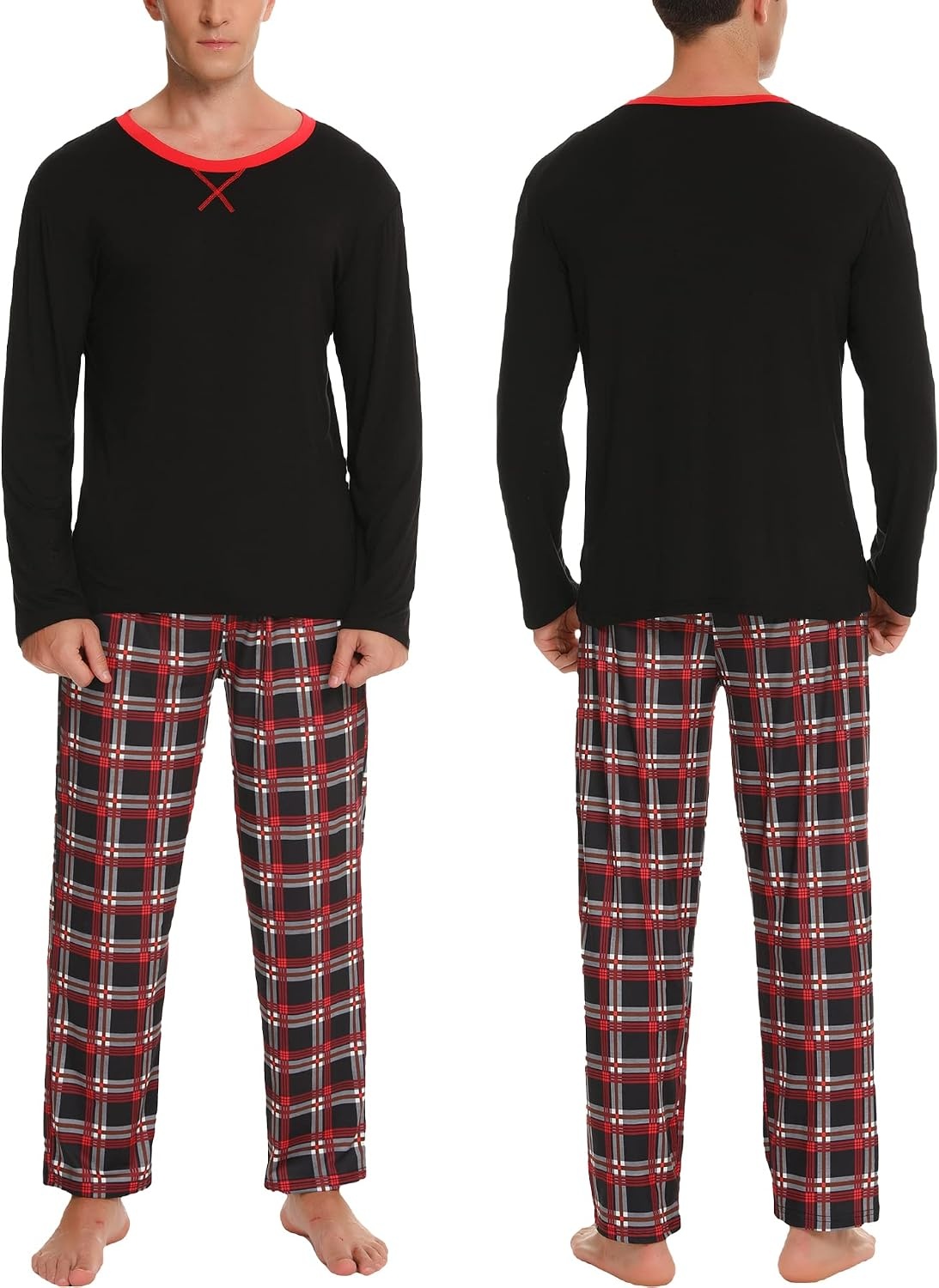 image:imageSWOMOG Couples Pajamas Set Women amp Men Long Sleeve Sleepwear Pjs Top Plaid Pants Loungewear Set with PocketsBlack Black Plaid