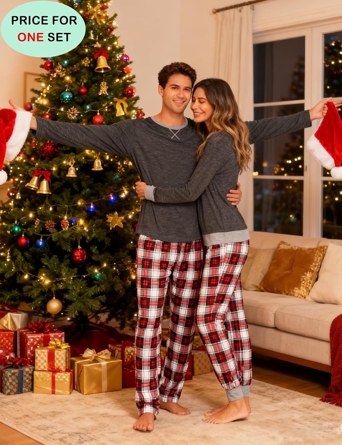 image:imageSWOMOG Couples Pajamas Set Women amp Men Long Sleeve Sleepwear Pjs Top Plaid Pants Loungewear Set with PocketsDeep Grey Black Plaid
