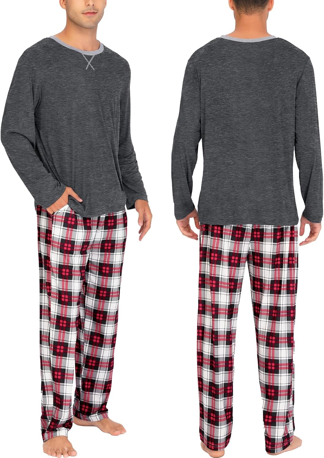image:imageSWOMOG Couples Pajamas Set Women amp Men Long Sleeve Sleepwear Pjs Top Plaid Pants Loungewear Set with PocketsDeep Grey Black Plaid