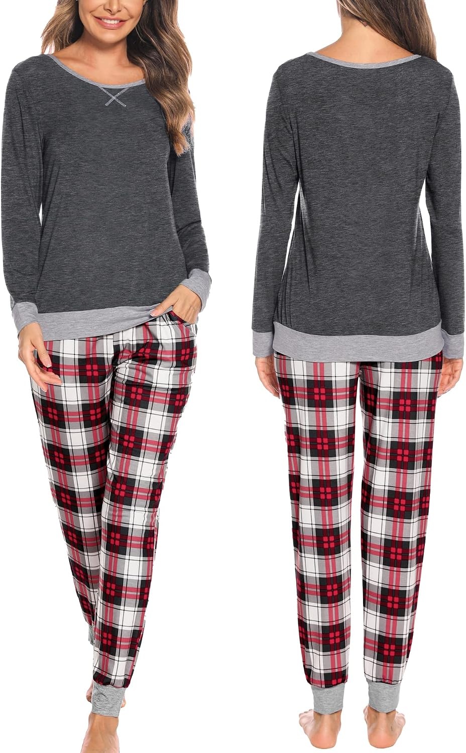 image:imageSWOMOG Couples Pajamas Set Women amp Men Long Sleeve Sleepwear Pjs Top Plaid Pants Loungewear Set with PocketsDeep Grey Black Plaid