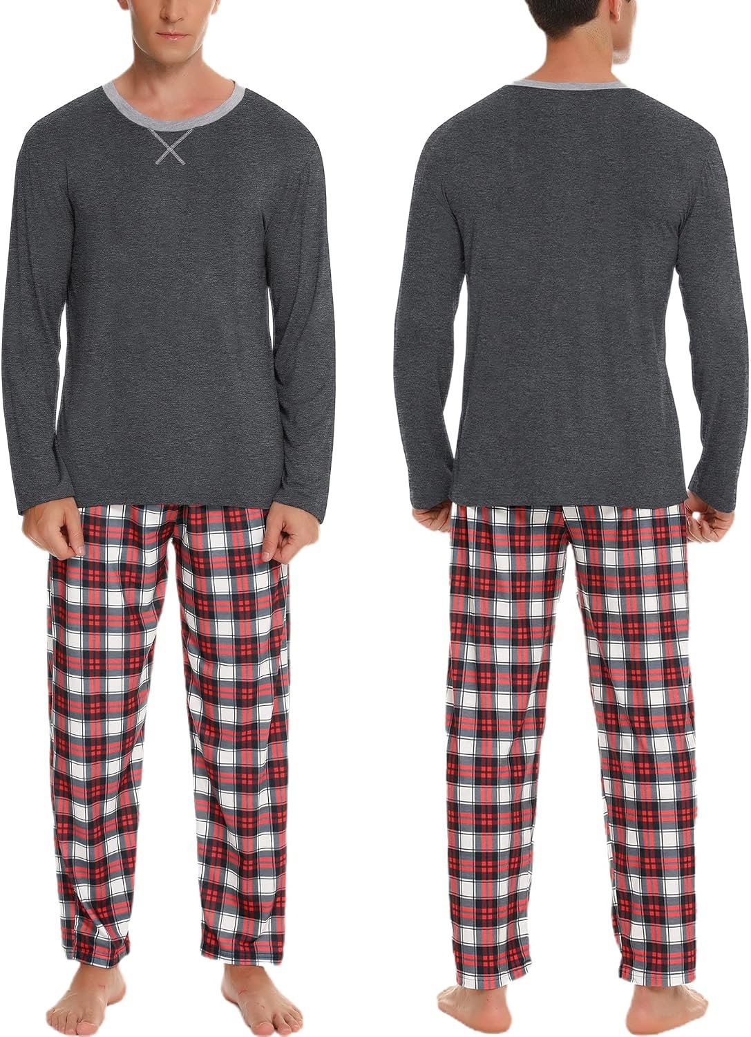 image:imageSWOMOG Couples Pajamas Set Women amp Men Long Sleeve Sleepwear Pjs Top Plaid Pants Loungewear Set with PocketsDeep Grey Red Plaid