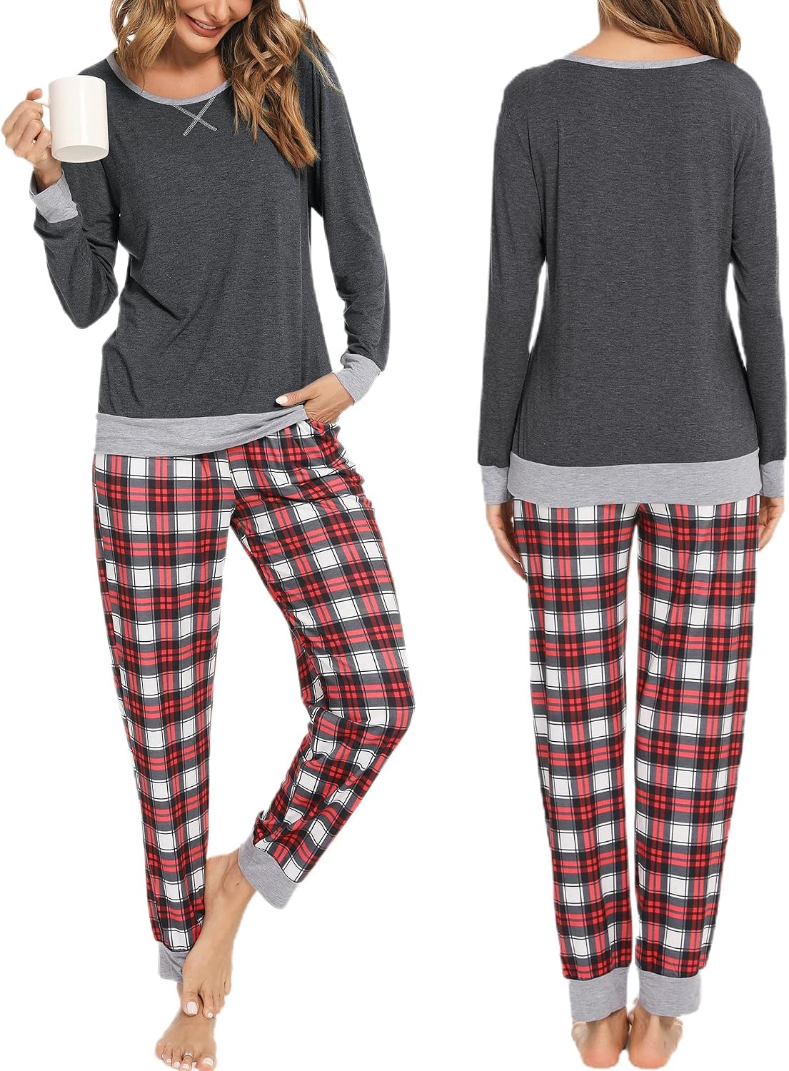 image:imageSWOMOG Couples Pajamas Set Women amp Men Long Sleeve Sleepwear Pjs Top Plaid Pants Loungewear Set with PocketsDeep Grey Red Plaid