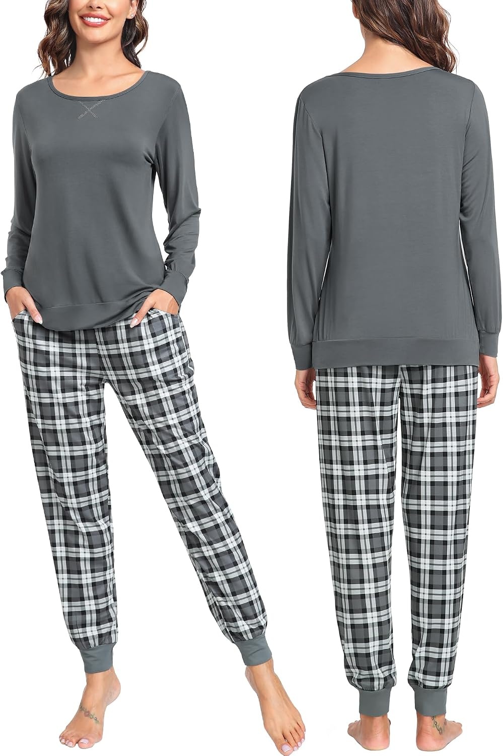 image:imageSWOMOG Couples Pajamas Set Women amp Men Long Sleeve Sleepwear Pjs Top Plaid Pants Loungewear Set with PocketsDeep Pure Grey