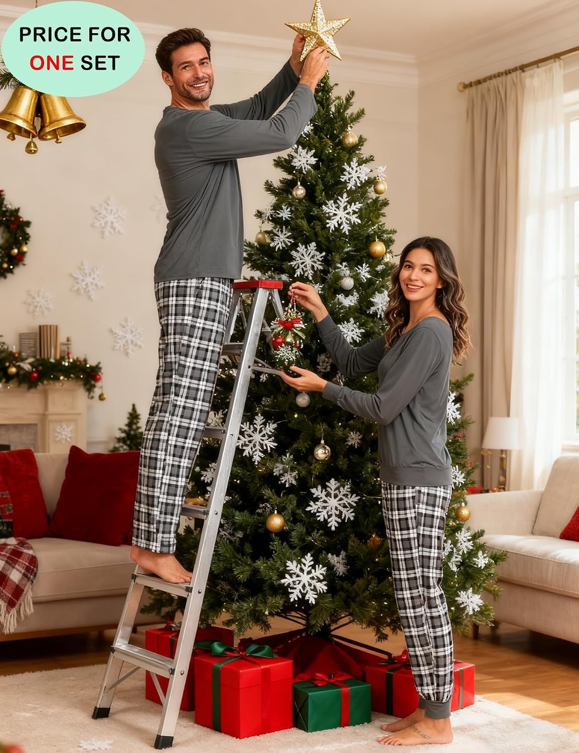 image:imageSWOMOG Couples Pajamas Set Women amp Men Long Sleeve Sleepwear Pjs Top Plaid Pants Loungewear Set with PocketsDeep Pure Grey