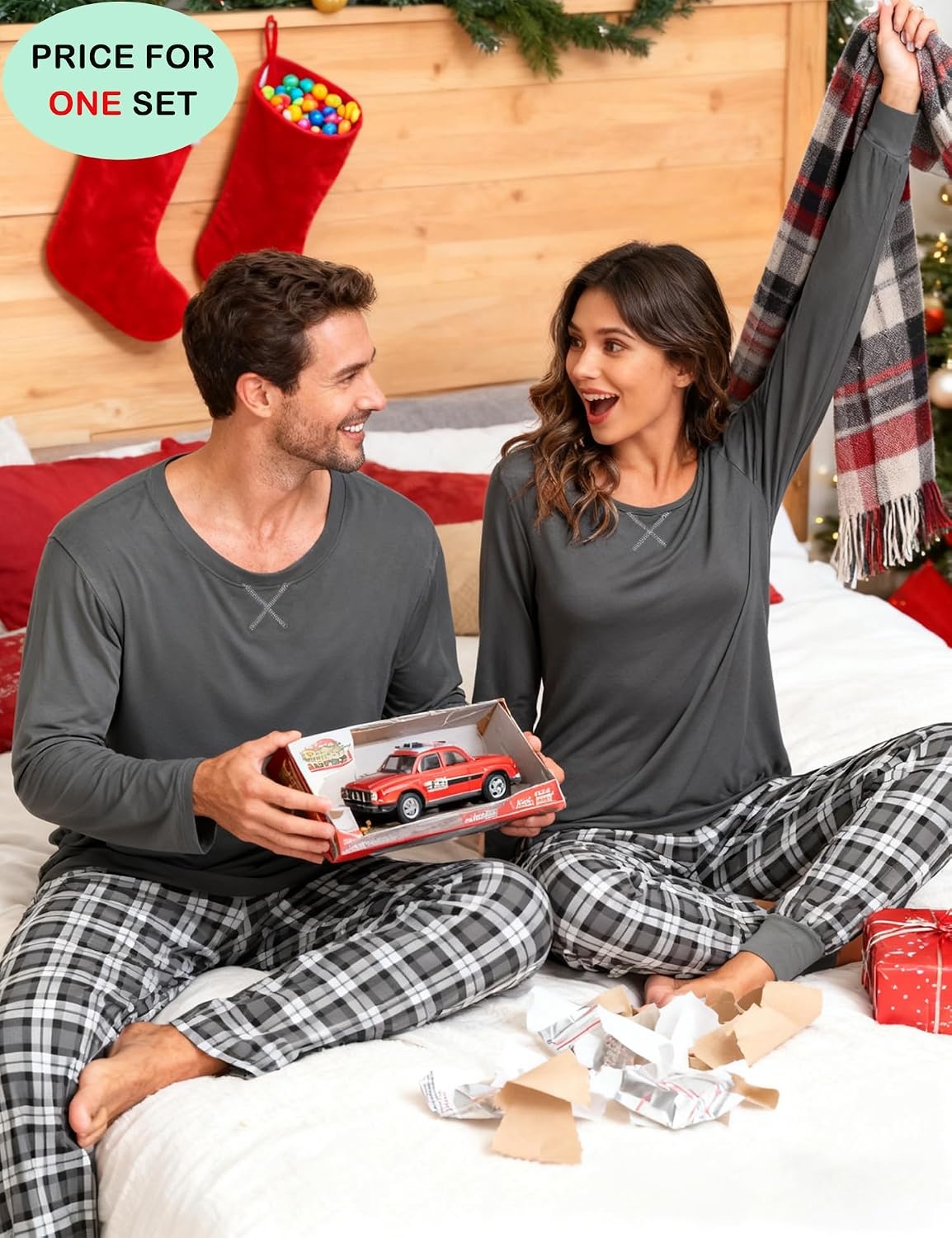 image:imageSWOMOG Couples Pajamas Set Women amp Men Long Sleeve Sleepwear Pjs Top Plaid Pants Loungewear Set with PocketsDeep Pure Grey