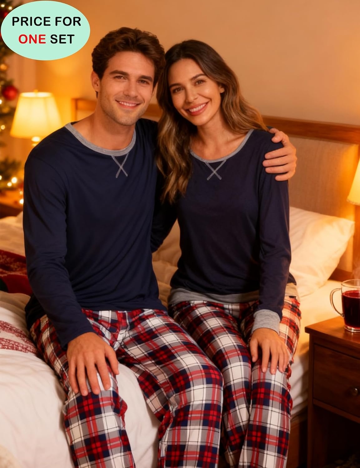 image:imageSWOMOG Couples Pajamas Set Women amp Men Long Sleeve Sleepwear Pjs Top Plaid Pants Loungewear Set with PocketsNavy Blue Blue Plaid