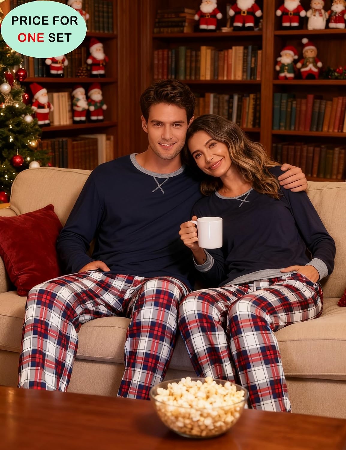 image:imageSWOMOG Couples Pajamas Set Women amp Men Long Sleeve Sleepwear Pjs Top Plaid Pants Loungewear Set with PocketsNavy Blue Blue Plaid