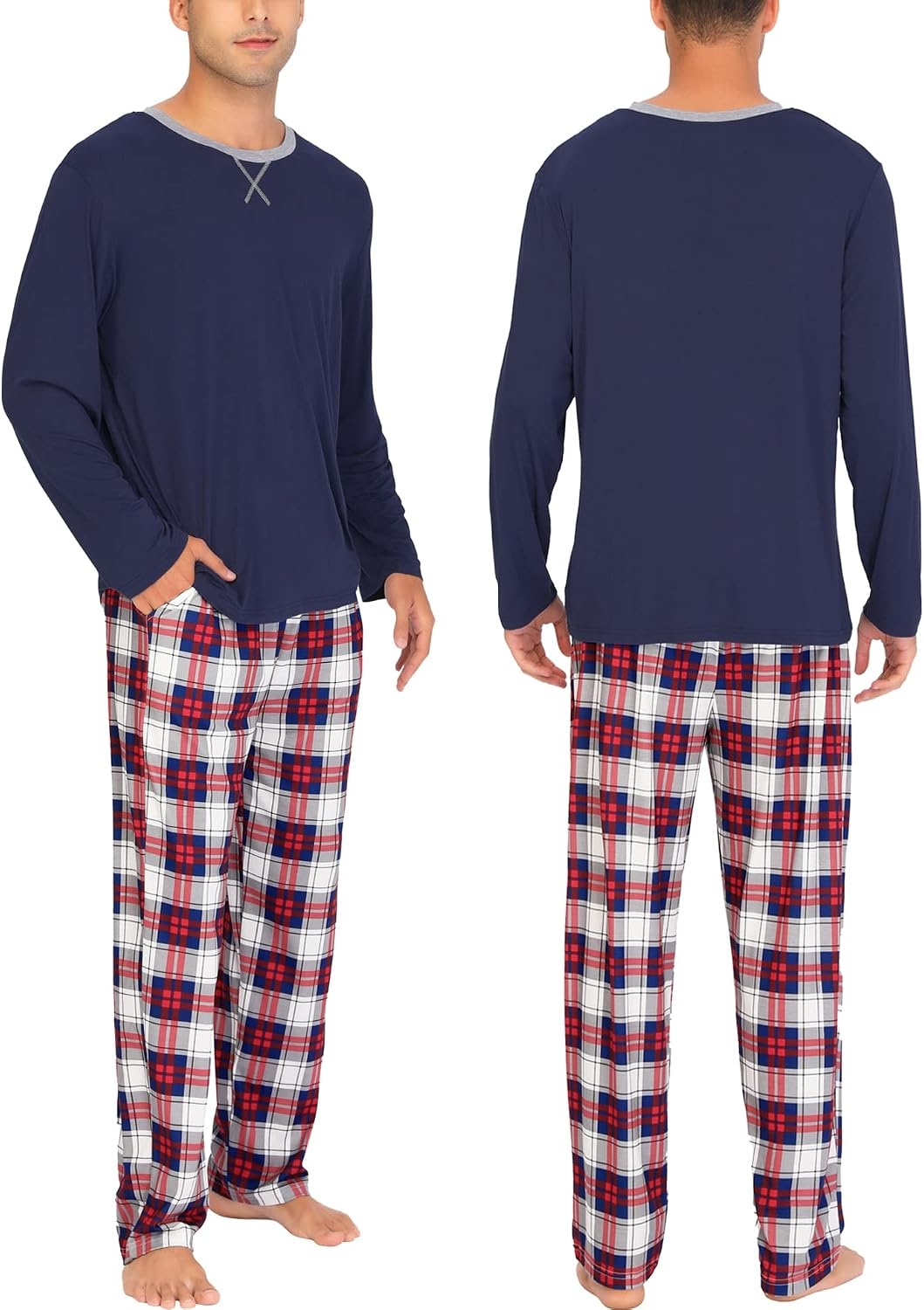 image:imageSWOMOG Couples Pajamas Set Women amp Men Long Sleeve Sleepwear Pjs Top Plaid Pants Loungewear Set with PocketsNavy Blue Blue Plaid