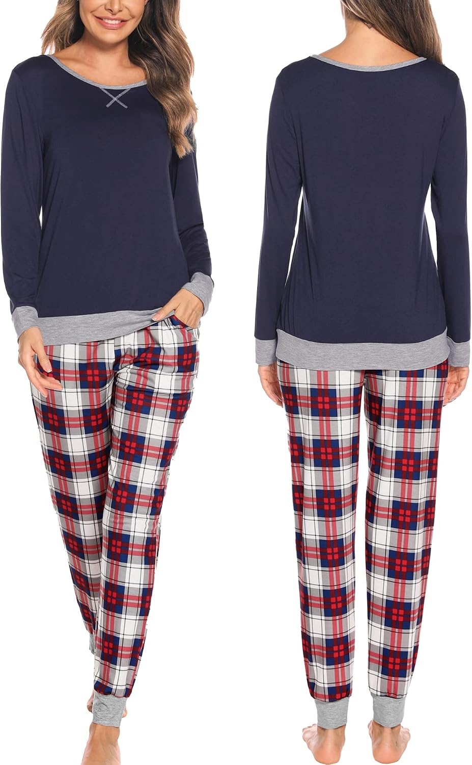 image:imageSWOMOG Couples Pajamas Set Women amp Men Long Sleeve Sleepwear Pjs Top Plaid Pants Loungewear Set with PocketsNavy Blue Blue Plaid