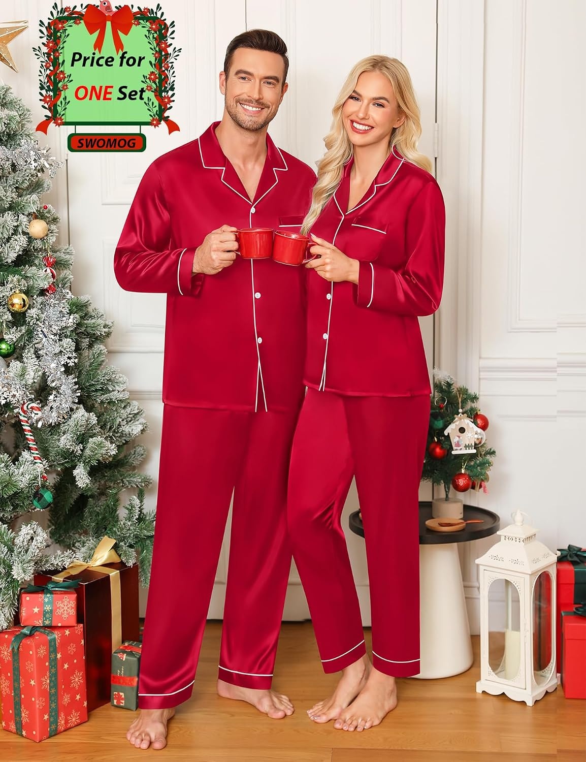 image:imageSWOMOG Family Matching Pajamas Set Silk Satin Button Down Sleepwear Long Sleeve Nightwear 2 Pcs Pj Set Men Cherry Red Large