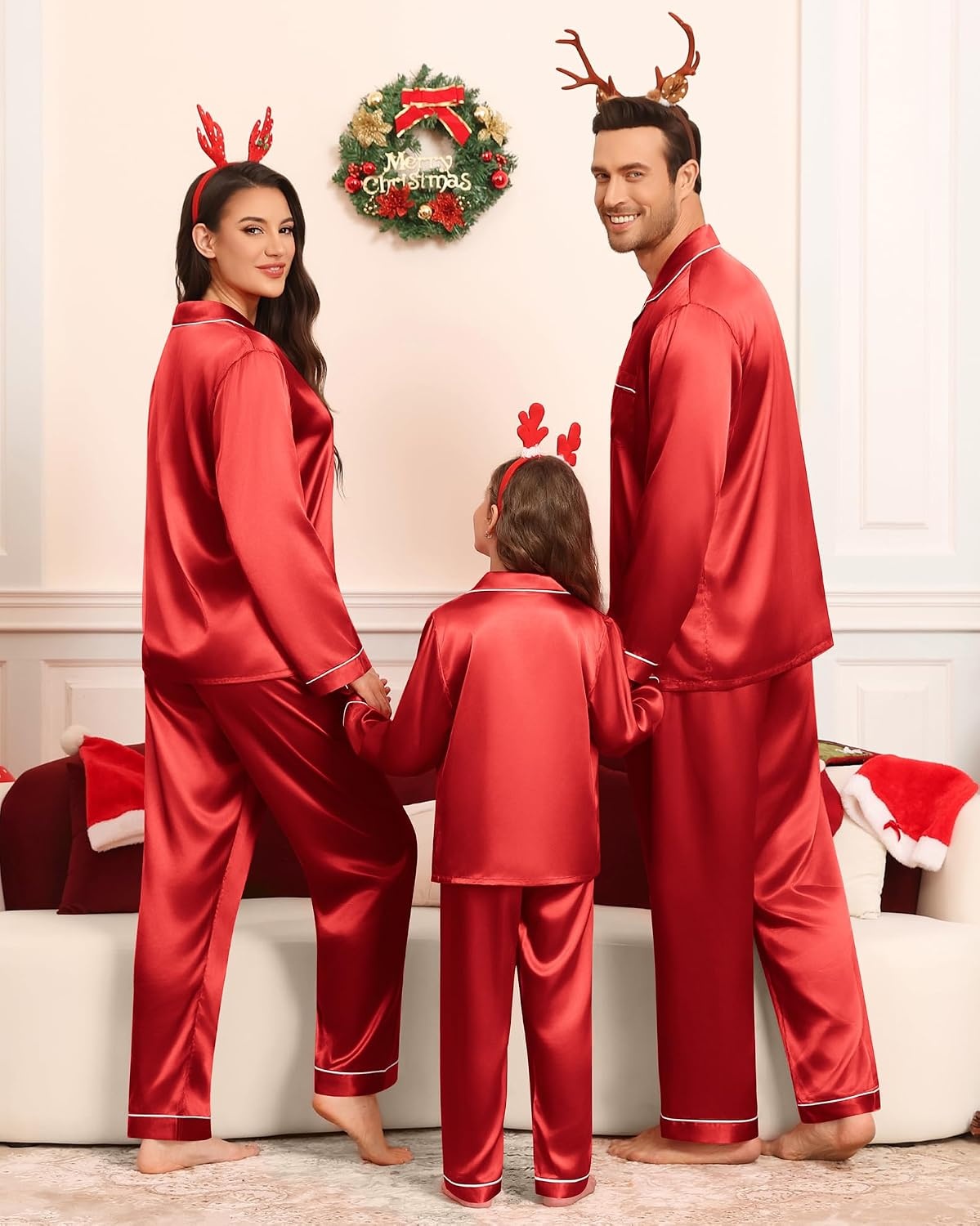 image:imageSWOMOG Family Matching Pajamas Set Silk Satin Button Down Sleepwear Long Sleeve Nightwear 2 Pcs Pj Set Men Cherry Red Large