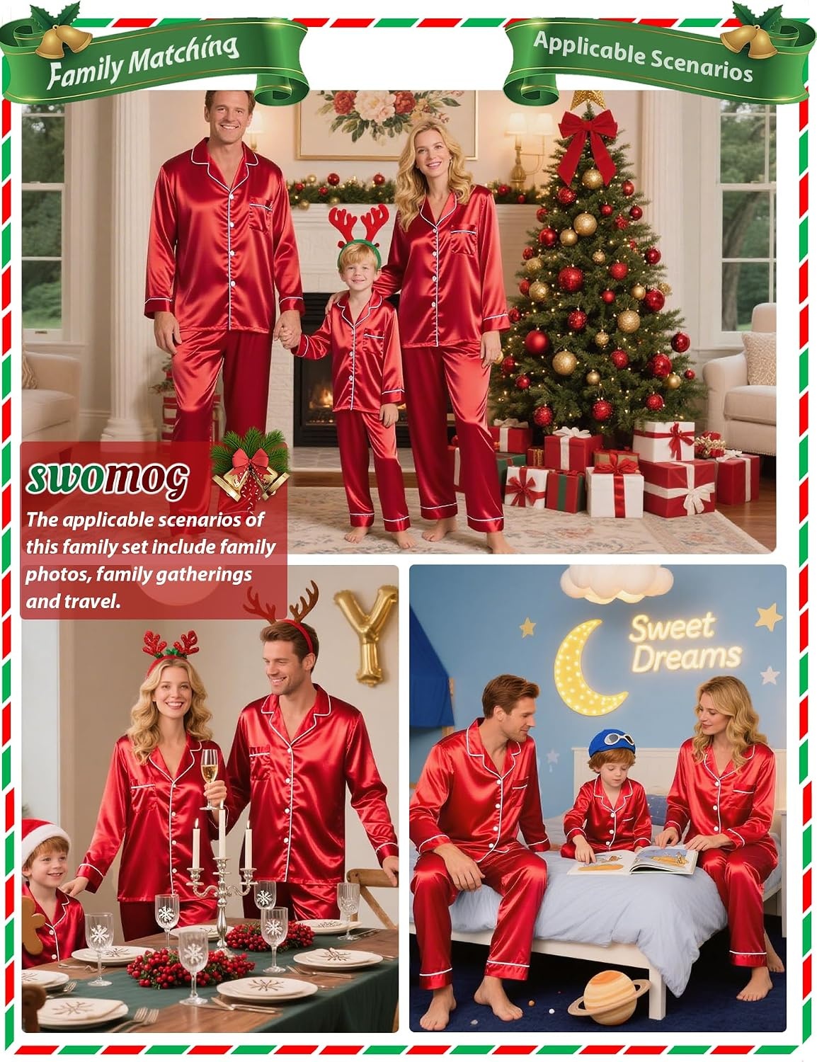 image:imageSWOMOG Family Matching Pajamas Set Silk Satin Button Down Sleepwear Long Sleeve Nightwear 2 Pcs Pj Set Men Cherry Red Large