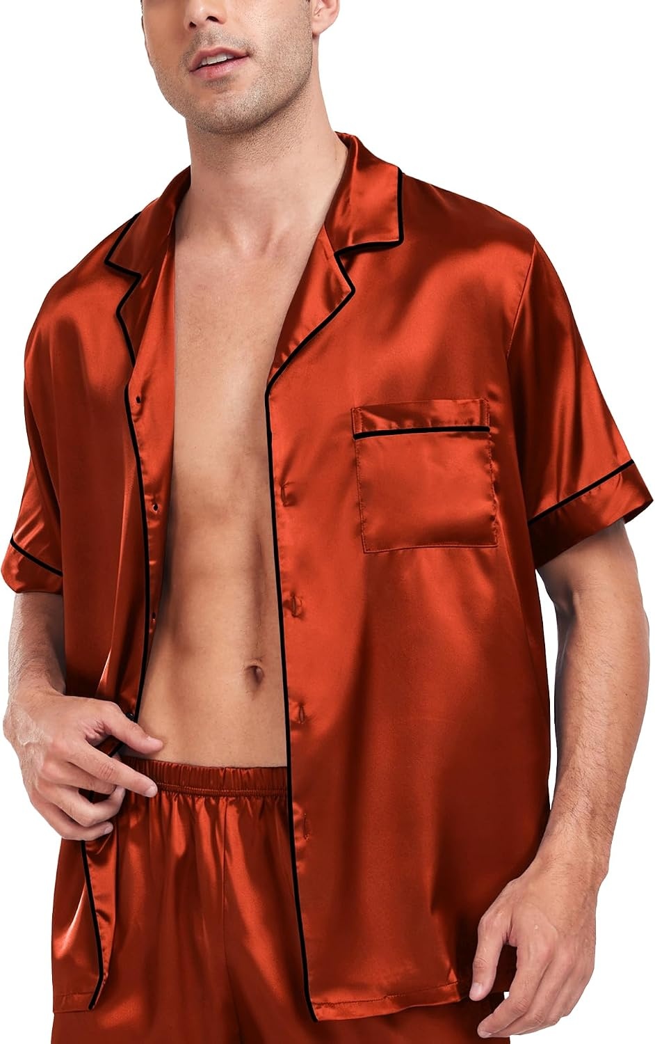 image:imageSWOMOG Men Satin Silk Pajamas Sets Short Sleeve Sleepwear ButtonDown PJs Sets TwoPieces Loungewear with PocketsRust Brown