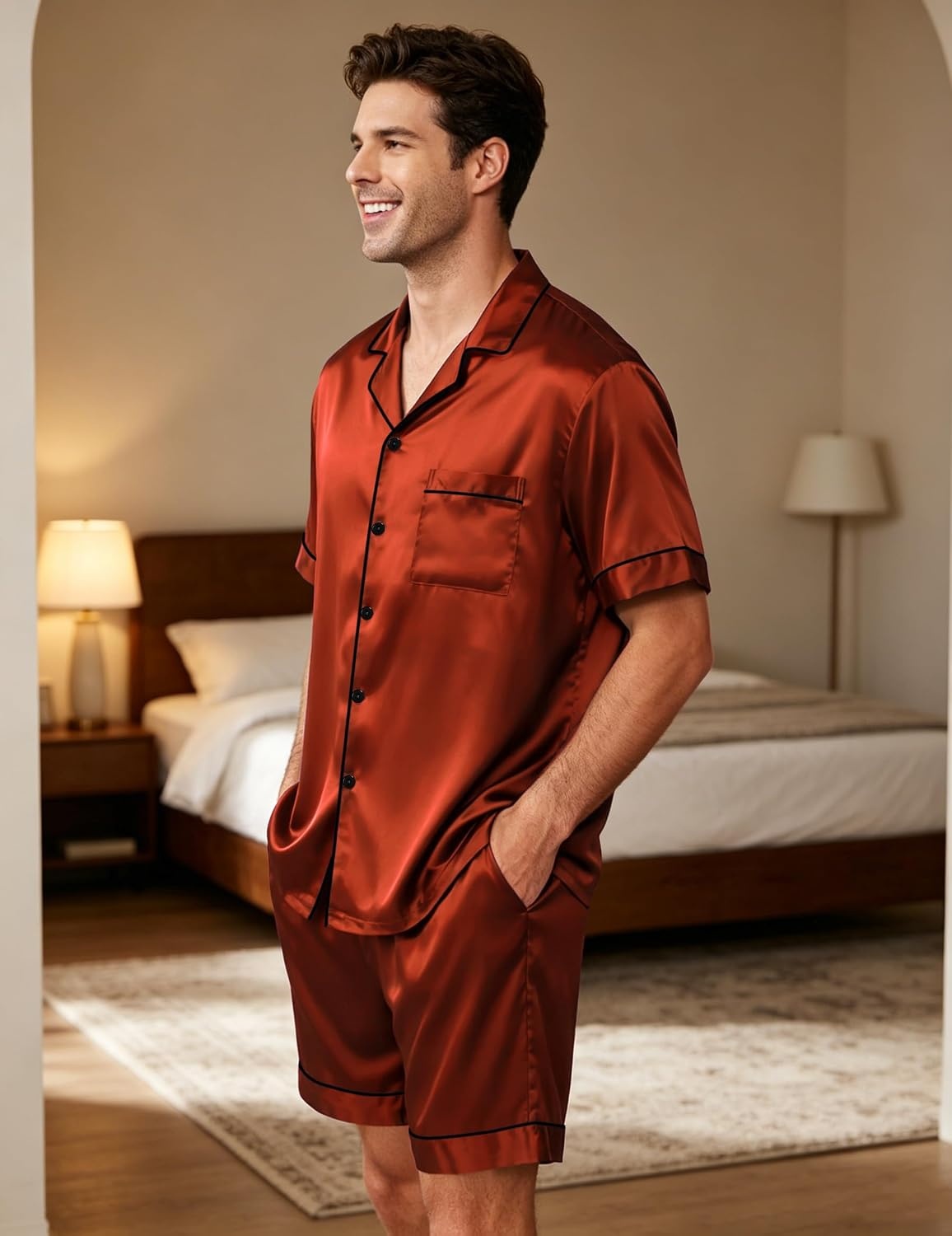 image:imageSWOMOG Men Satin Silk Pajamas Sets Short Sleeve Sleepwear ButtonDown PJs Sets TwoPieces Loungewear with PocketsRust Brown