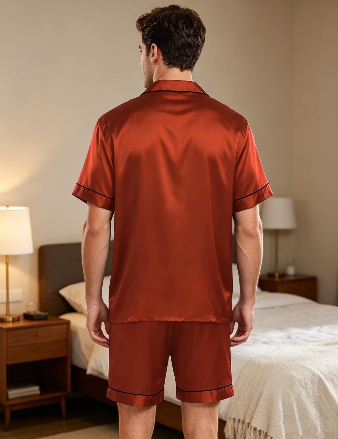 image:imageSWOMOG Men Satin Silk Pajamas Sets Short Sleeve Sleepwear ButtonDown PJs Sets TwoPieces Loungewear with PocketsRust Brown