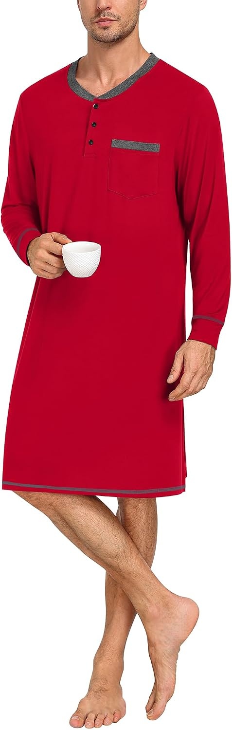 image:imageSWOMOG Mens Nightshirt Modal Long Sleeve Nightgown Henley Night Shirts Sleepwear Big amp Tall Nightwear Red Medium
