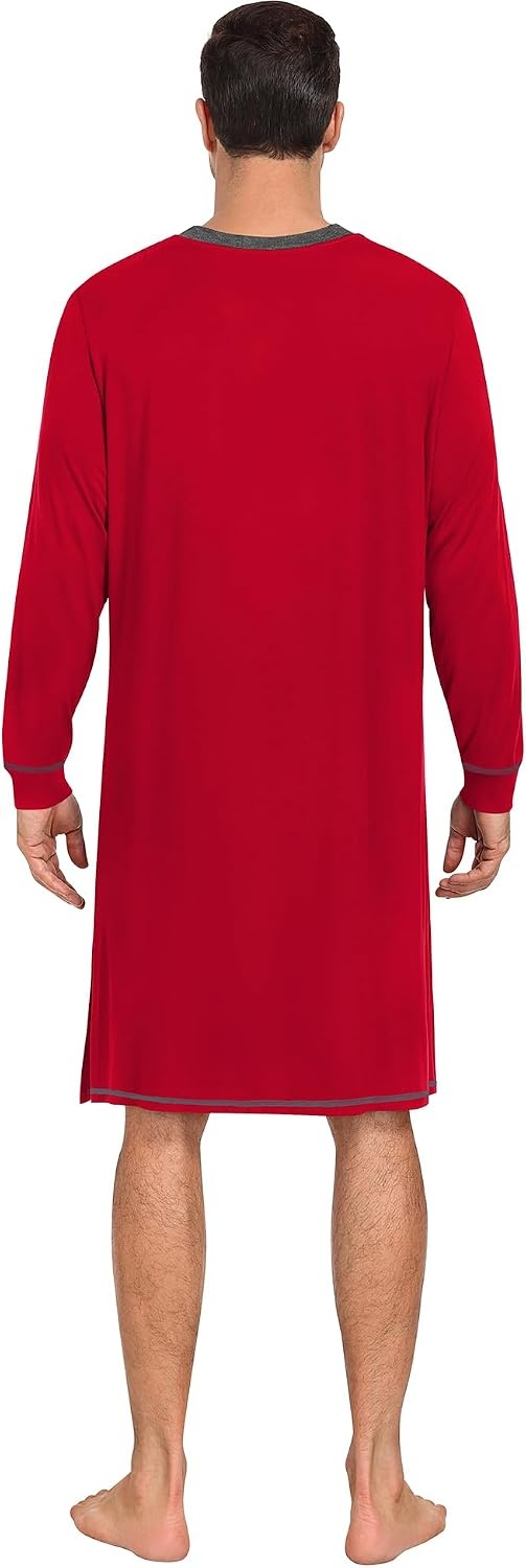image:imageSWOMOG Mens Nightshirt Modal Long Sleeve Nightgown Henley Night Shirts Sleepwear Big amp Tall Nightwear Red Medium