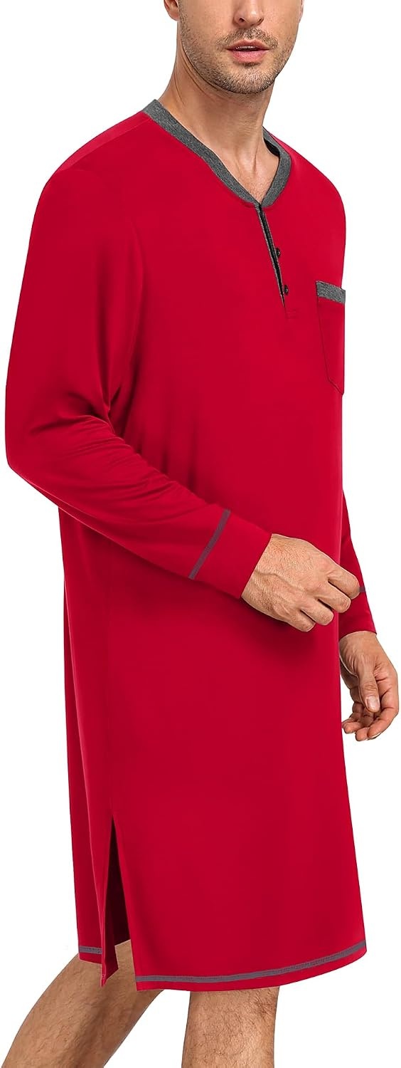 image:imageSWOMOG Mens Nightshirt Modal Long Sleeve Nightgown Henley Night Shirts Sleepwear Big amp Tall Nightwear Red Medium