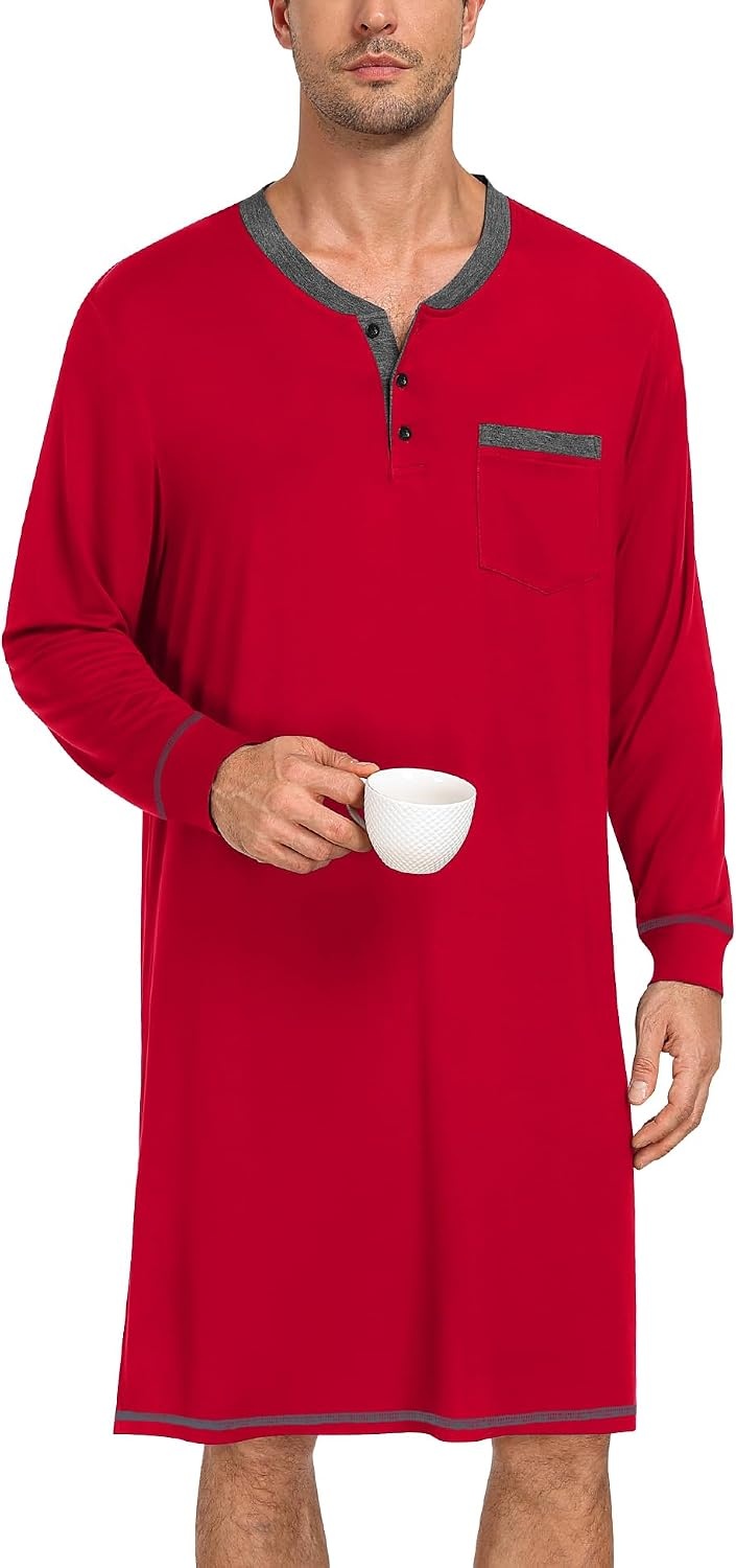 image:imageSWOMOG Mens Nightshirt Modal Long Sleeve Nightgown Henley Night Shirts Sleepwear Big amp Tall Nightwear Red Medium