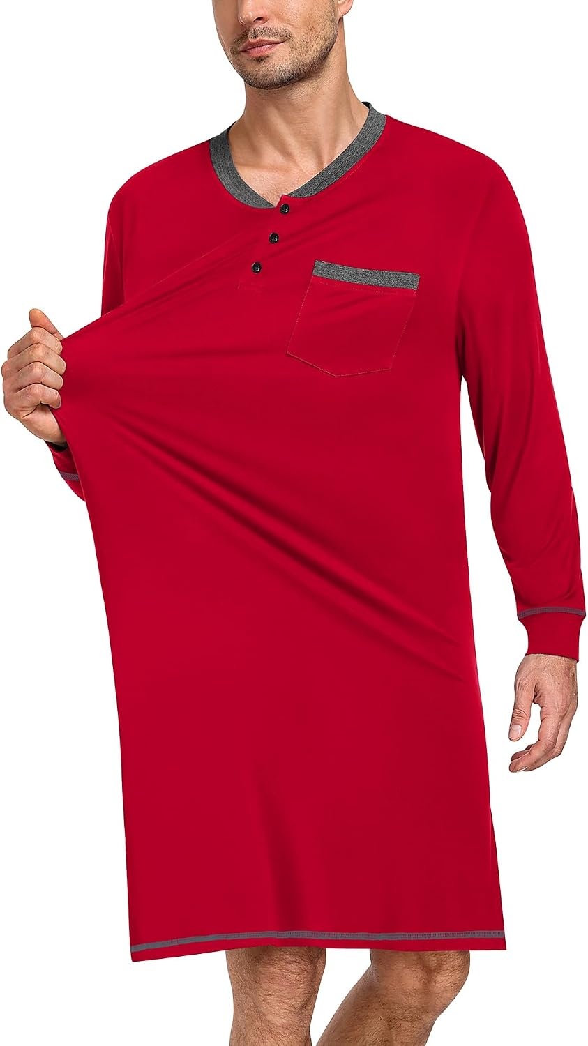 image:imageSWOMOG Mens Nightshirt Modal Long Sleeve Nightgown Henley Night Shirts Sleepwear Big amp Tall Nightwear Red Medium