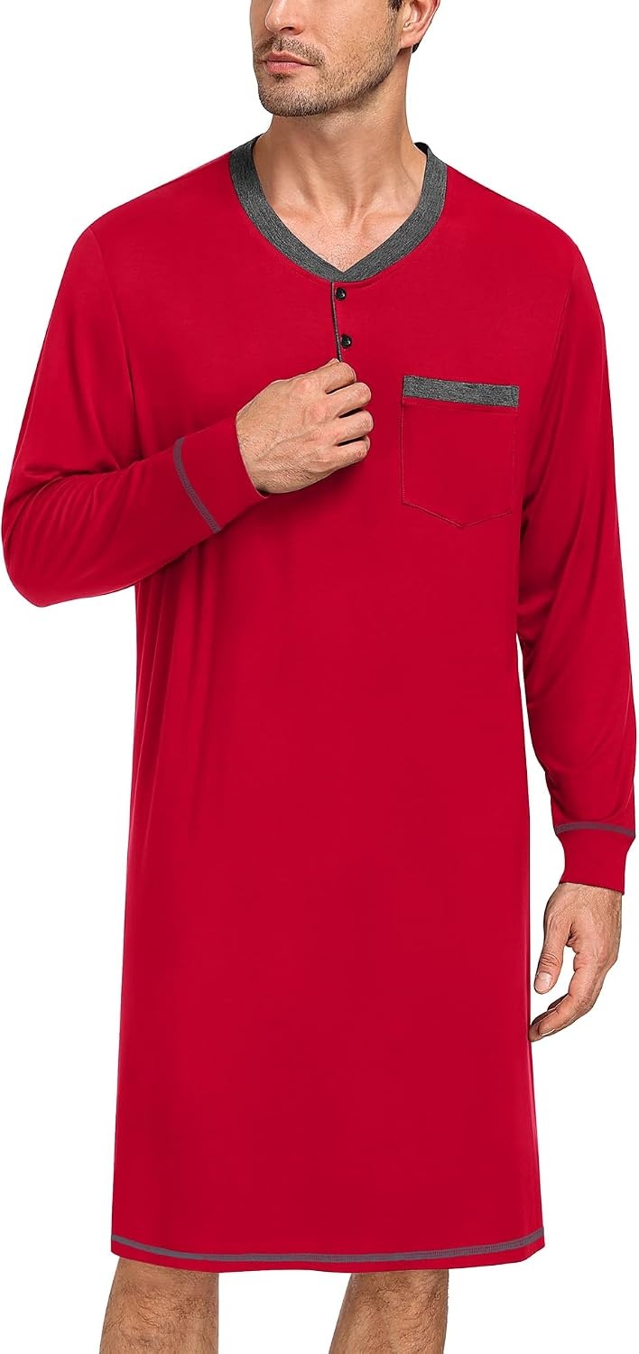 image:imageSWOMOG Mens Nightshirt Modal Long Sleeve Nightgown Henley Night Shirts Sleepwear Big amp Tall Nightwear Red Medium