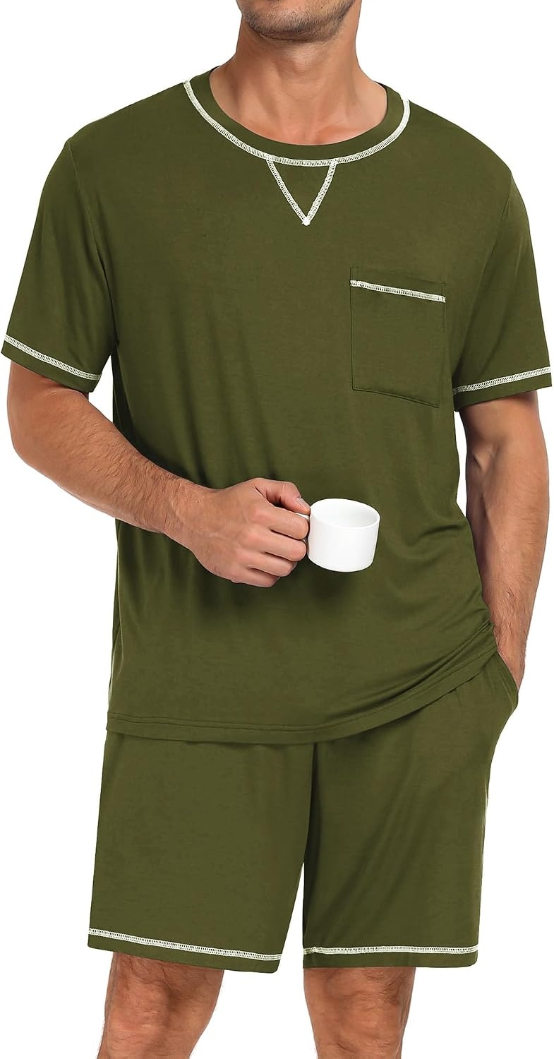 image:imageSWOMOG Mens Pajamas Set Summer Sleepwear Short Sleeve Pjs Set Soft 2 Piece Lounge Set Comfy Loungewear with PocketsArmy Green