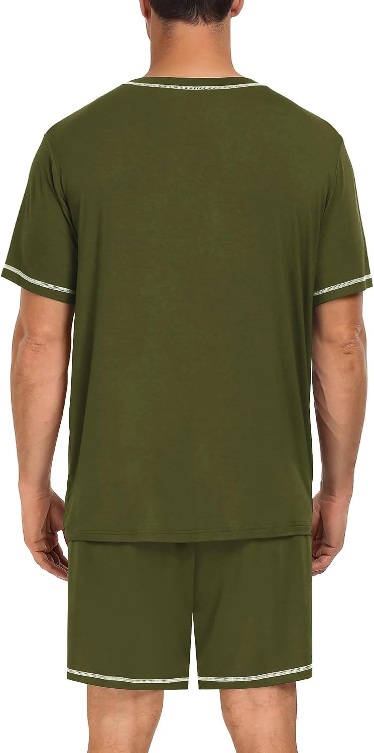 image:imageSWOMOG Mens Pajamas Set Summer Sleepwear Short Sleeve Pjs Set Soft 2 Piece Lounge Set Comfy Loungewear with PocketsArmy Green