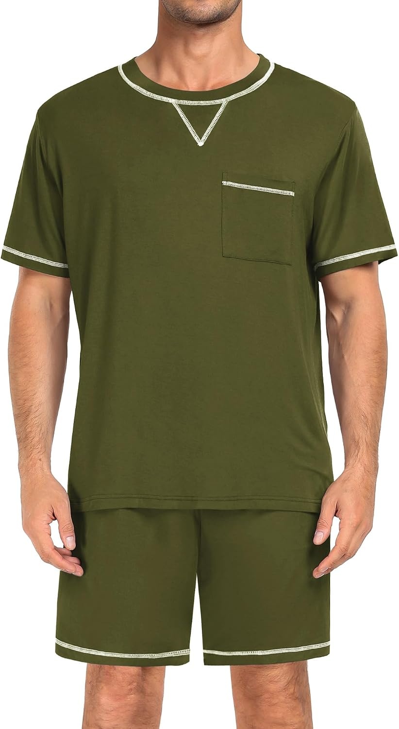 image:imageSWOMOG Mens Pajamas Set Summer Sleepwear Short Sleeve Pjs Set Soft 2 Piece Lounge Set Comfy Loungewear with PocketsArmy Green