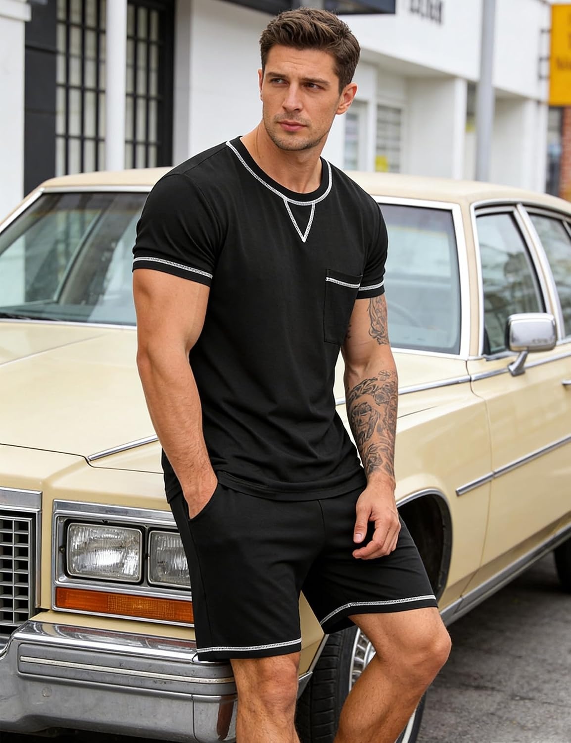 image:imageSWOMOG Mens Pajamas Set Summer Sleepwear Short Sleeve Pjs Set Soft 2 Piece Lounge Set Comfy Loungewear with PocketsBlack