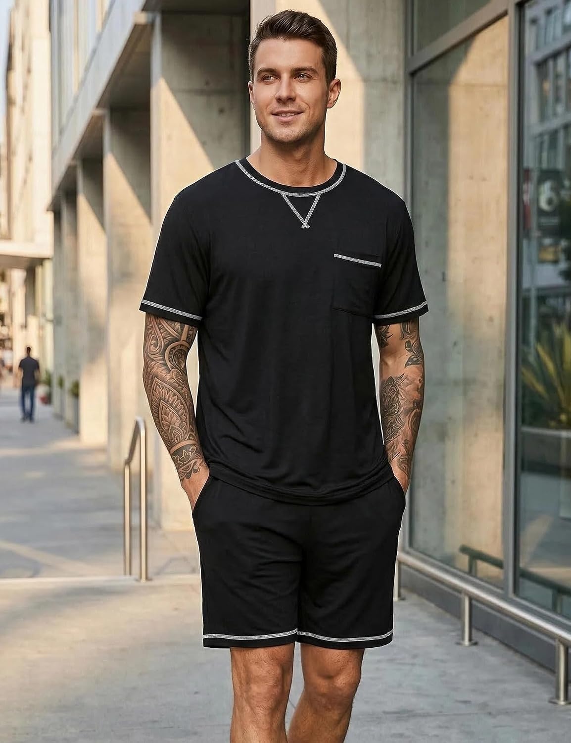 image:imageSWOMOG Mens Pajamas Set Summer Sleepwear Short Sleeve Pjs Set Soft 2 Piece Lounge Set Comfy Loungewear with PocketsBlack