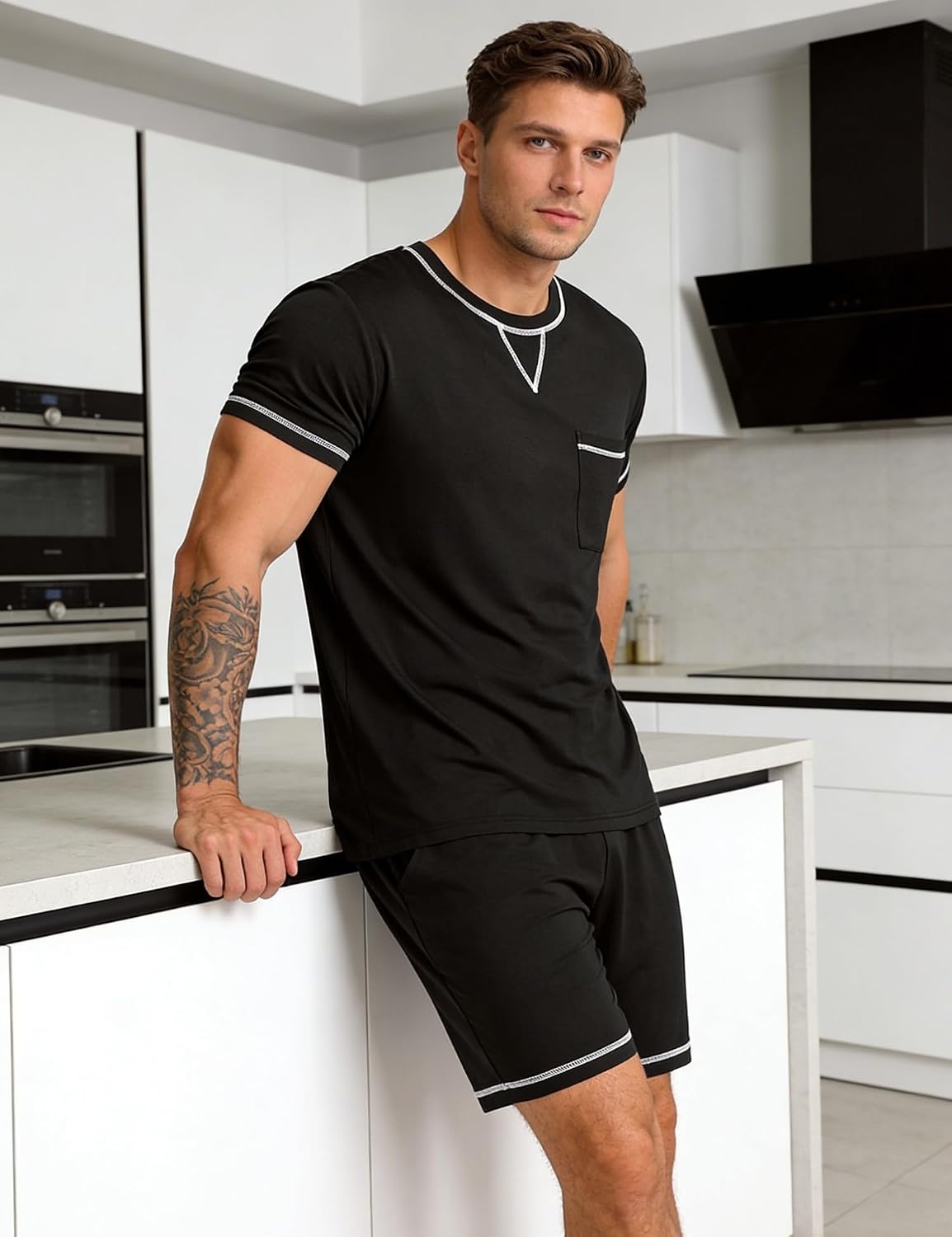 image:imageSWOMOG Mens Pajamas Set Summer Sleepwear Short Sleeve Pjs Set Soft 2 Piece Lounge Set Comfy Loungewear with PocketsBlack