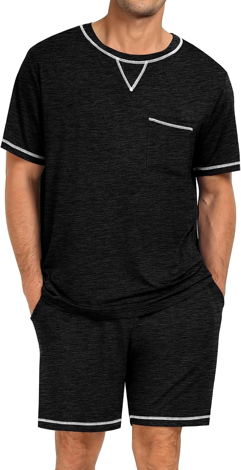 image:imageSWOMOG Mens Pajamas Set Summer Sleepwear Short Sleeve Pjs Set Soft 2 Piece Lounge Set Comfy Loungewear with PocketsBlecked Black