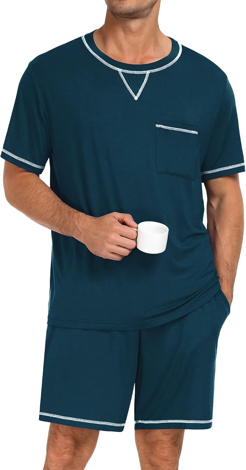 image:imageSWOMOG Mens Pajamas Set Summer Sleepwear Short Sleeve Pjs Set Soft 2 Piece Lounge Set Comfy Loungewear with PocketsBlue Green