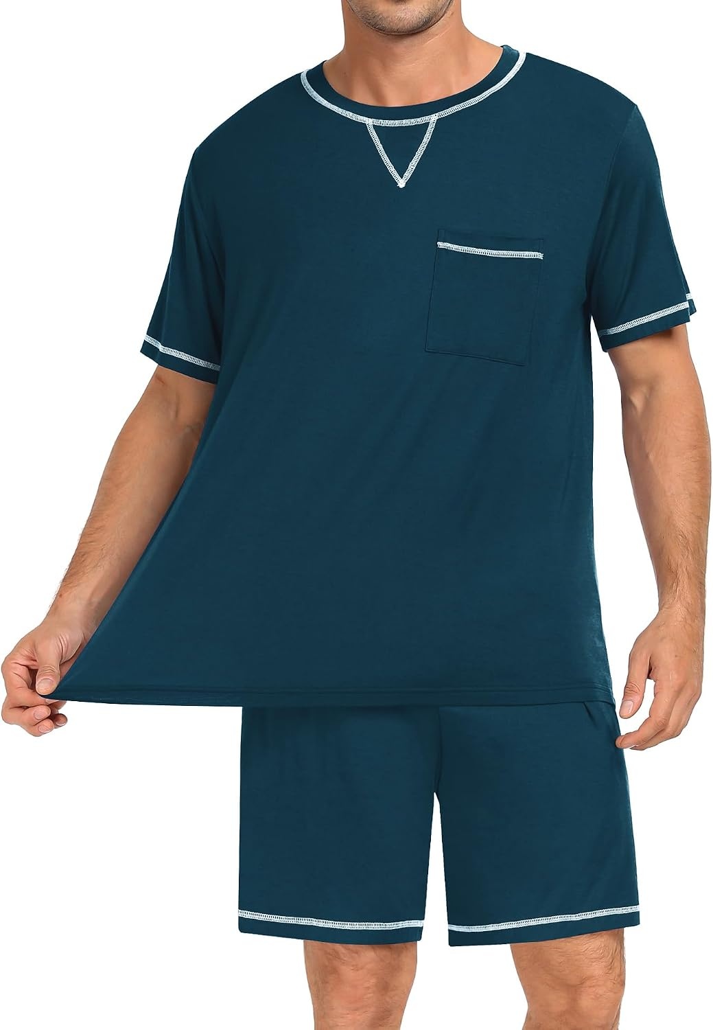 image:imageSWOMOG Mens Pajamas Set Summer Sleepwear Short Sleeve Pjs Set Soft 2 Piece Lounge Set Comfy Loungewear with PocketsBlue Green