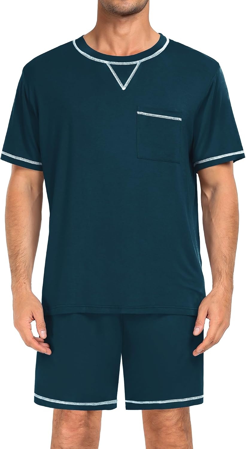 image:imageSWOMOG Mens Pajamas Set Summer Sleepwear Short Sleeve Pjs Set Soft 2 Piece Lounge Set Comfy Loungewear with PocketsBlue Green
