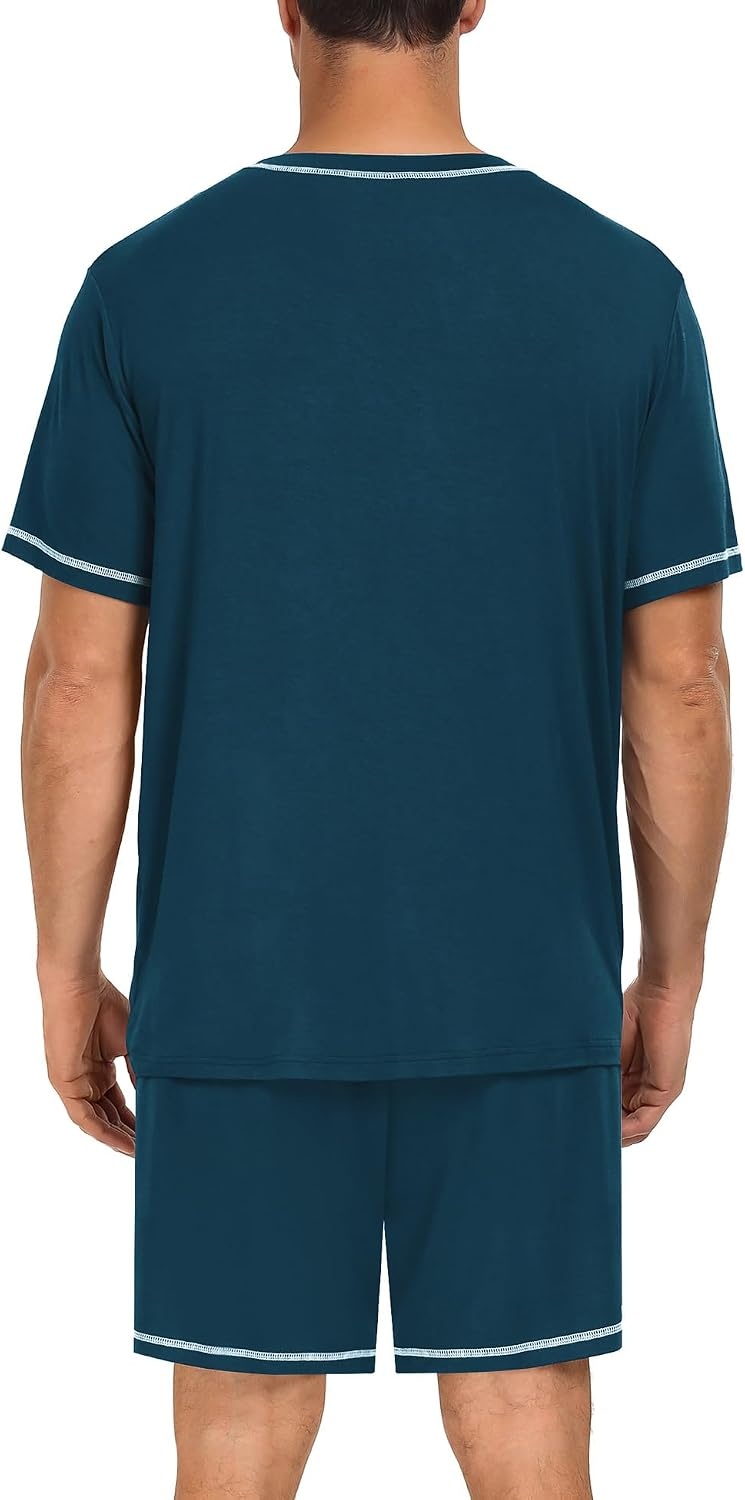 image:imageSWOMOG Mens Pajamas Set Summer Sleepwear Short Sleeve Pjs Set Soft 2 Piece Lounge Set Comfy Loungewear with PocketsBlue Green