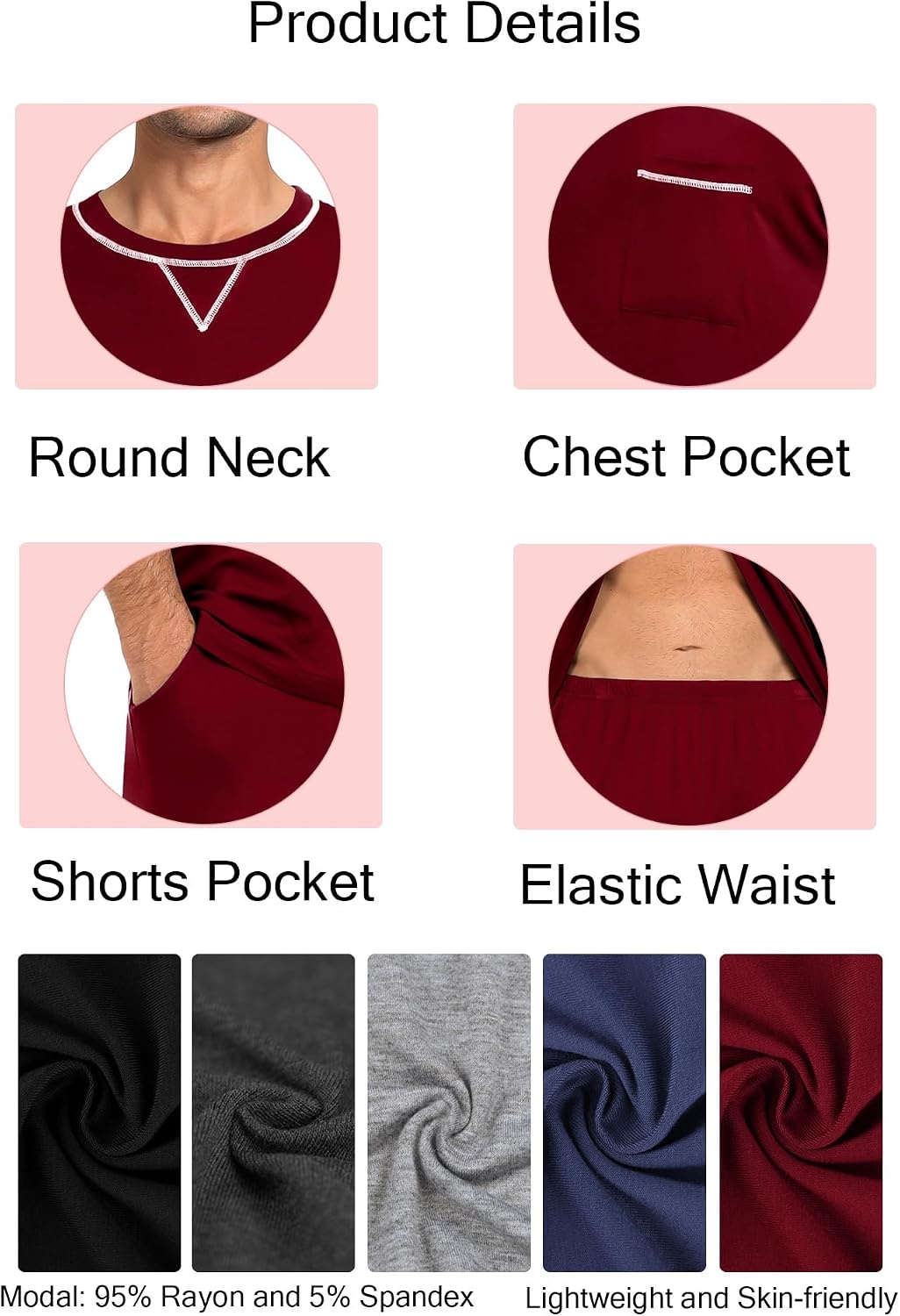 image:imageSWOMOG Mens Pajamas Set Summer Sleepwear Short Sleeve Pjs Set Soft 2 Piece Lounge Set Comfy Loungewear with PocketsDeep Wine Red