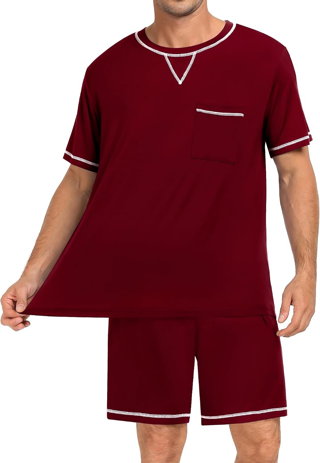image:imageSWOMOG Mens Pajamas Set Summer Sleepwear Short Sleeve Pjs Set Soft 2 Piece Lounge Set Comfy Loungewear with PocketsDeep Wine Red