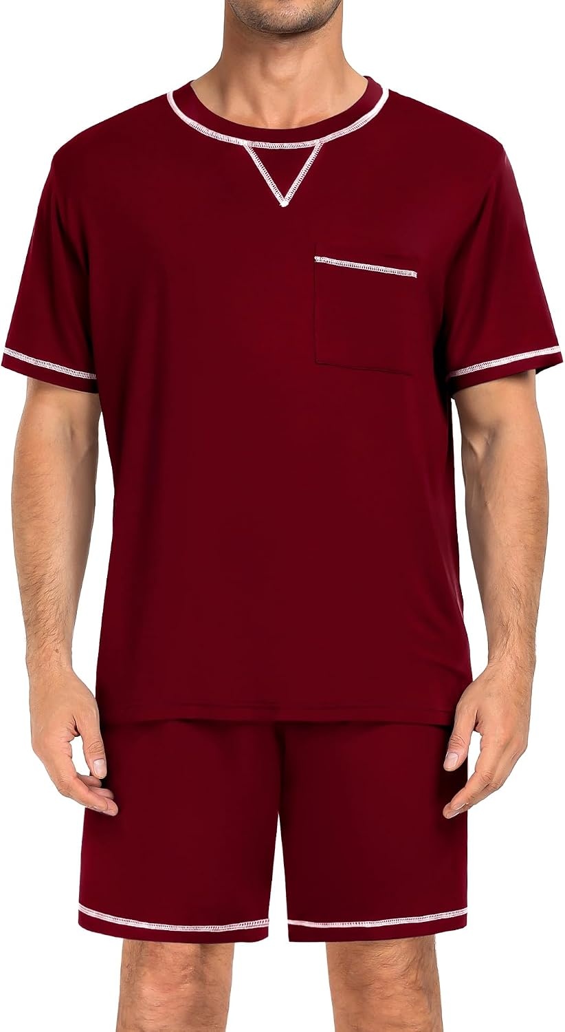 image:imageSWOMOG Mens Pajamas Set Summer Sleepwear Short Sleeve Pjs Set Soft 2 Piece Lounge Set Comfy Loungewear with PocketsDeep Wine Red