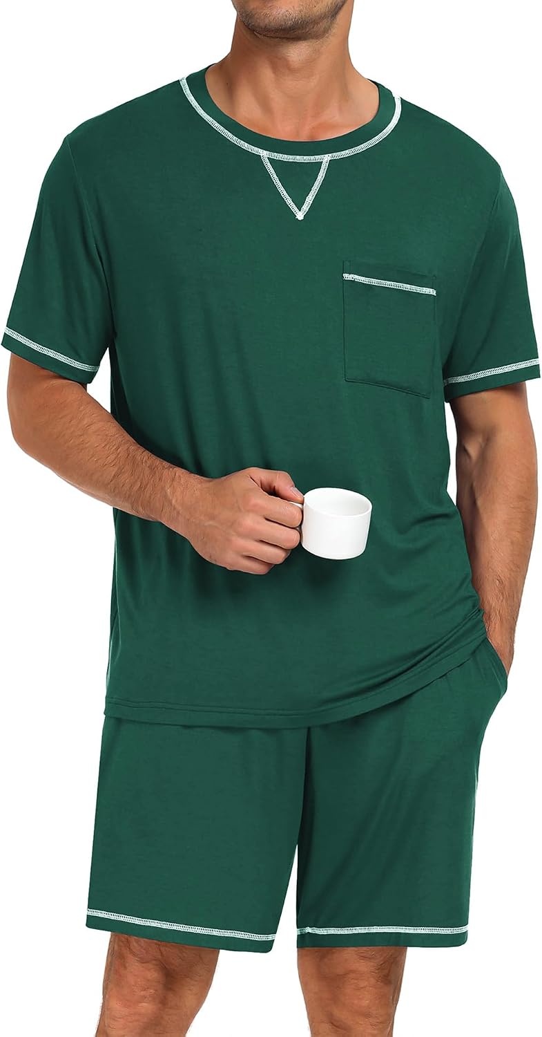 image:imageSWOMOG Mens Pajamas Set Summer Sleepwear Short Sleeve Pjs Set Soft 2 Piece Lounge Set Comfy Loungewear with PocketsGreen