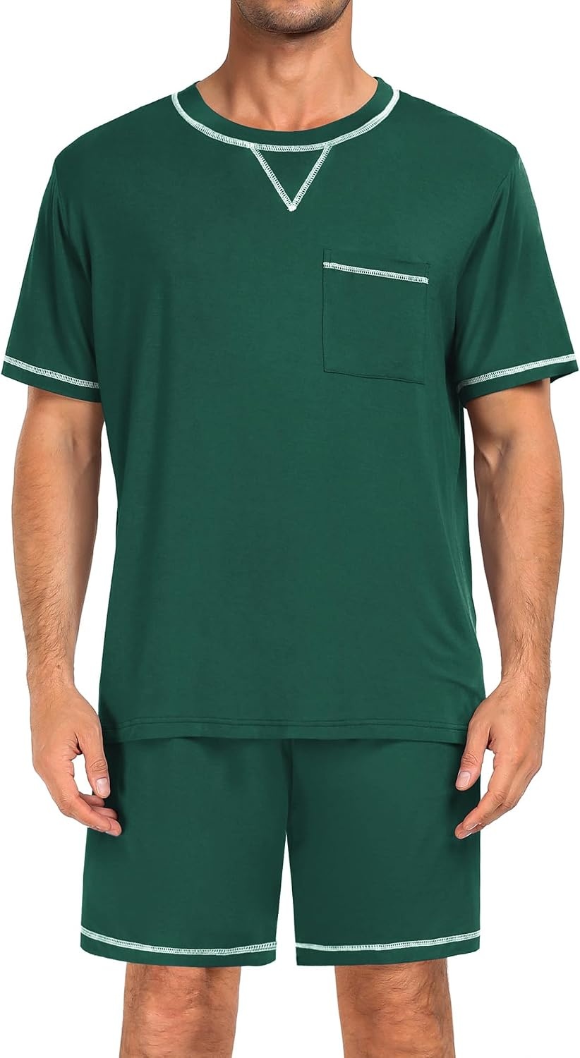 image:imageSWOMOG Mens Pajamas Set Summer Sleepwear Short Sleeve Pjs Set Soft 2 Piece Lounge Set Comfy Loungewear with PocketsGreen