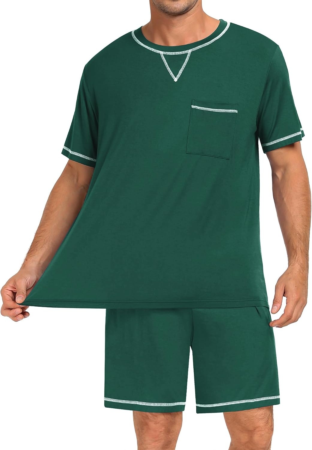 image:imageSWOMOG Mens Pajamas Set Summer Sleepwear Short Sleeve Pjs Set Soft 2 Piece Lounge Set Comfy Loungewear with PocketsGreen