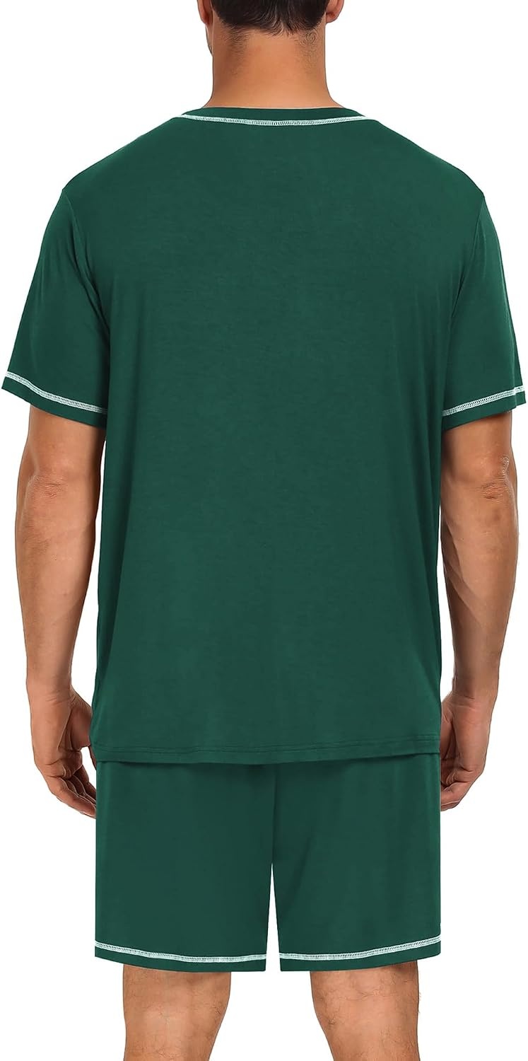 image:imageSWOMOG Mens Pajamas Set Summer Sleepwear Short Sleeve Pjs Set Soft 2 Piece Lounge Set Comfy Loungewear with PocketsGreen