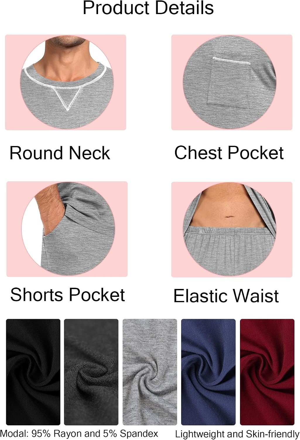 image:imageSWOMOG Mens Pajamas Set Summer Sleepwear Short Sleeve Pjs Set Soft 2 Piece Lounge Set Comfy Loungewear with PocketsGrey