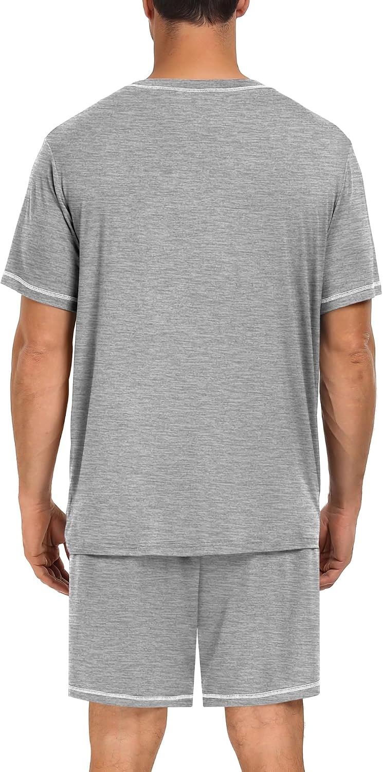 image:imageSWOMOG Mens Pajamas Set Summer Sleepwear Short Sleeve Pjs Set Soft 2 Piece Lounge Set Comfy Loungewear with PocketsGrey