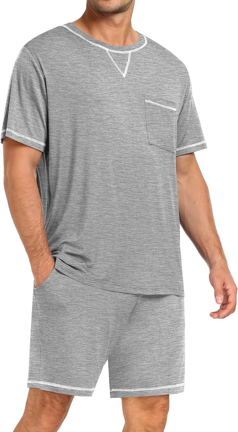 image:imageSWOMOG Mens Pajamas Set Summer Sleepwear Short Sleeve Pjs Set Soft 2 Piece Lounge Set Comfy Loungewear with PocketsGrey