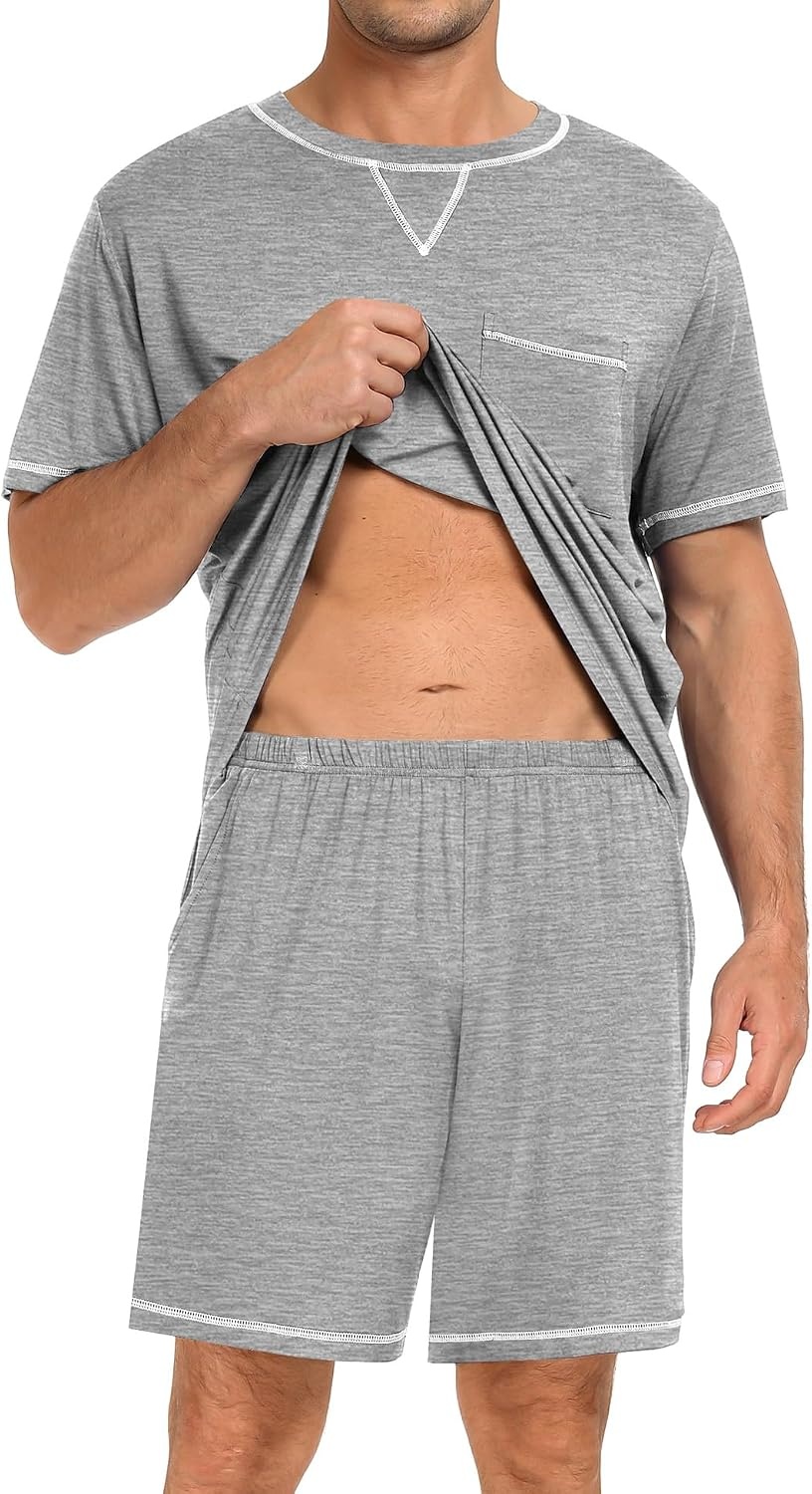 image:imageSWOMOG Mens Pajamas Set Summer Sleepwear Short Sleeve Pjs Set Soft 2 Piece Lounge Set Comfy Loungewear with PocketsGrey