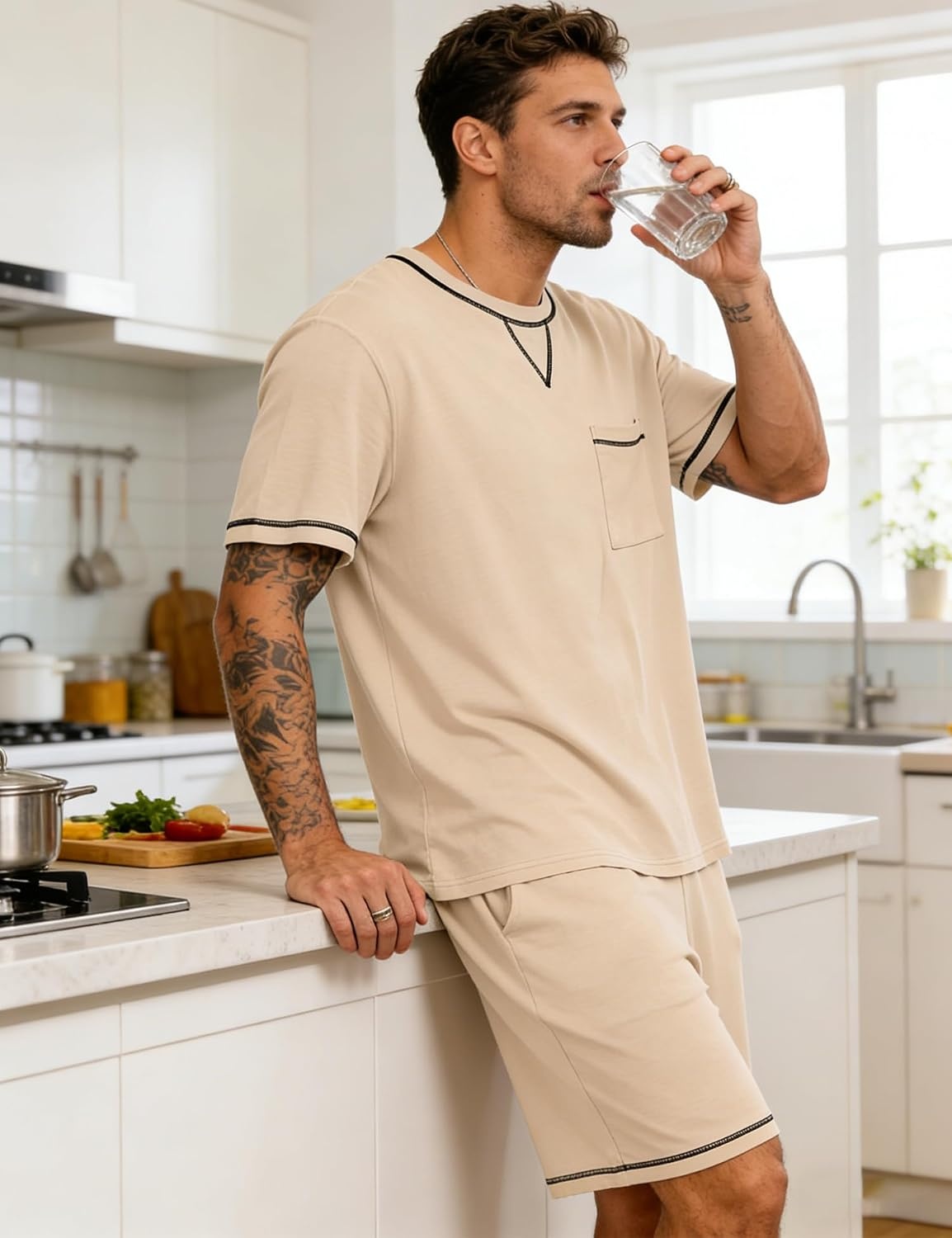 image:imageSWOMOG Mens Pajamas Set Summer Sleepwear Short Sleeve Pjs Set Soft 2 Piece Lounge Set Comfy Loungewear with PocketsKhaki