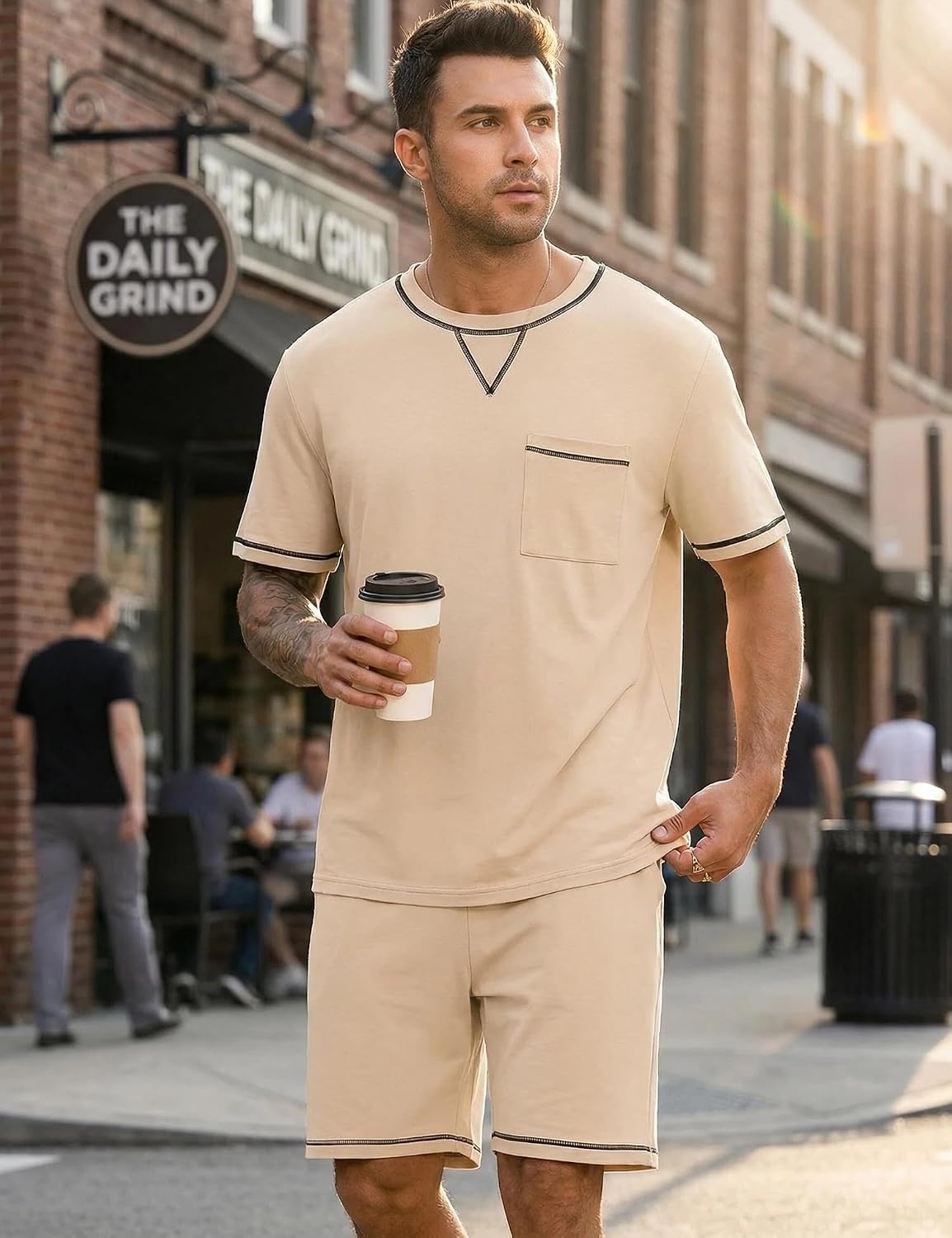 image:imageSWOMOG Mens Pajamas Set Summer Sleepwear Short Sleeve Pjs Set Soft 2 Piece Lounge Set Comfy Loungewear with PocketsKhaki