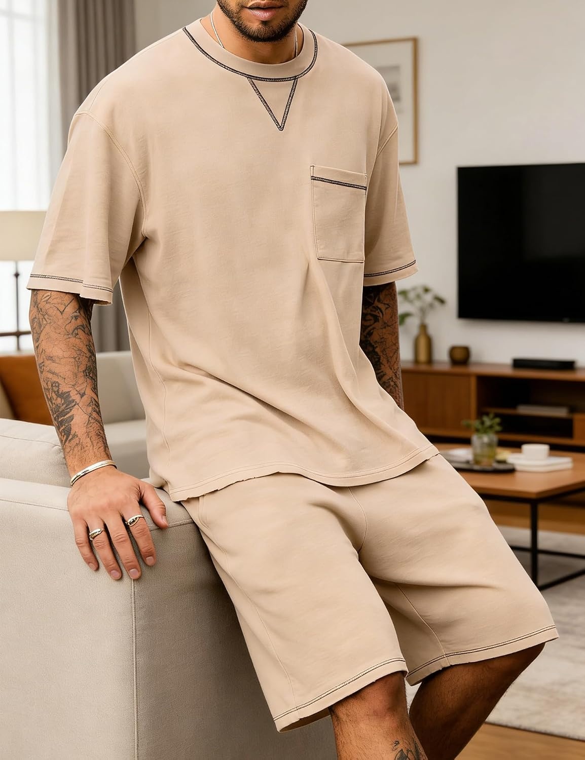 image:imageSWOMOG Mens Pajamas Set Summer Sleepwear Short Sleeve Pjs Set Soft 2 Piece Lounge Set Comfy Loungewear with PocketsKhaki